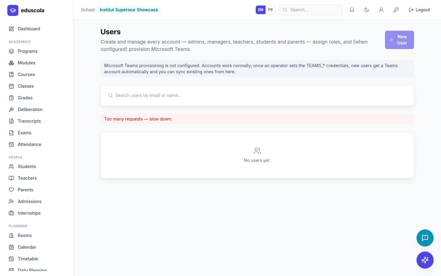 Administration — screenshot of the EduScola interface