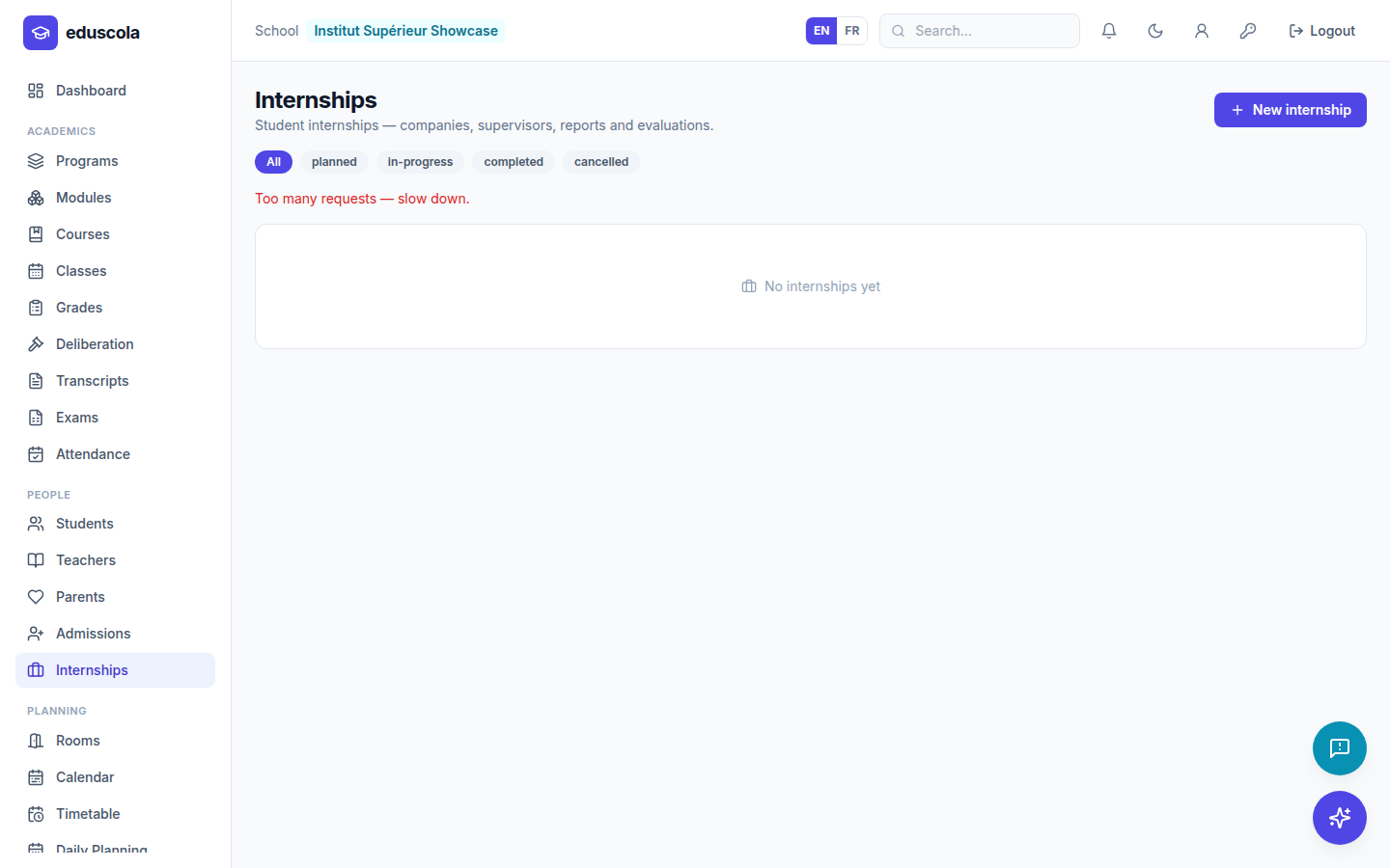 Internships and company relations — screenshot of the EduScola interface